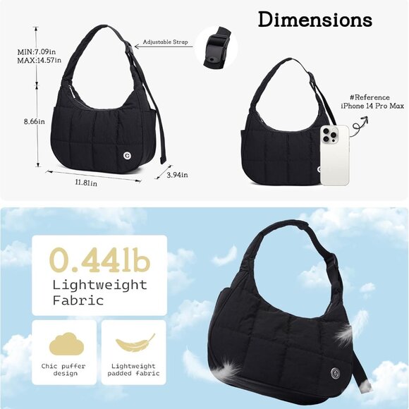 Puffer Shoulder Bag Nylon Small Crossbody with Adjustable Strap for Women - Picture 4 of 7